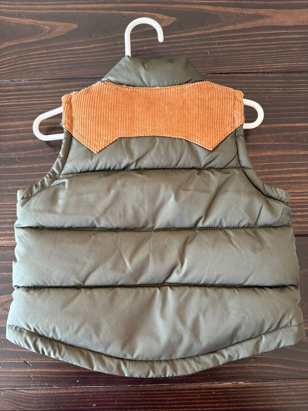 Old Navy Olive Green Puffer Vest with Tan Corduroy Yoke